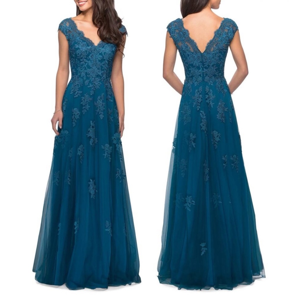 La Femme Deep Blue Lace Maxi Dress